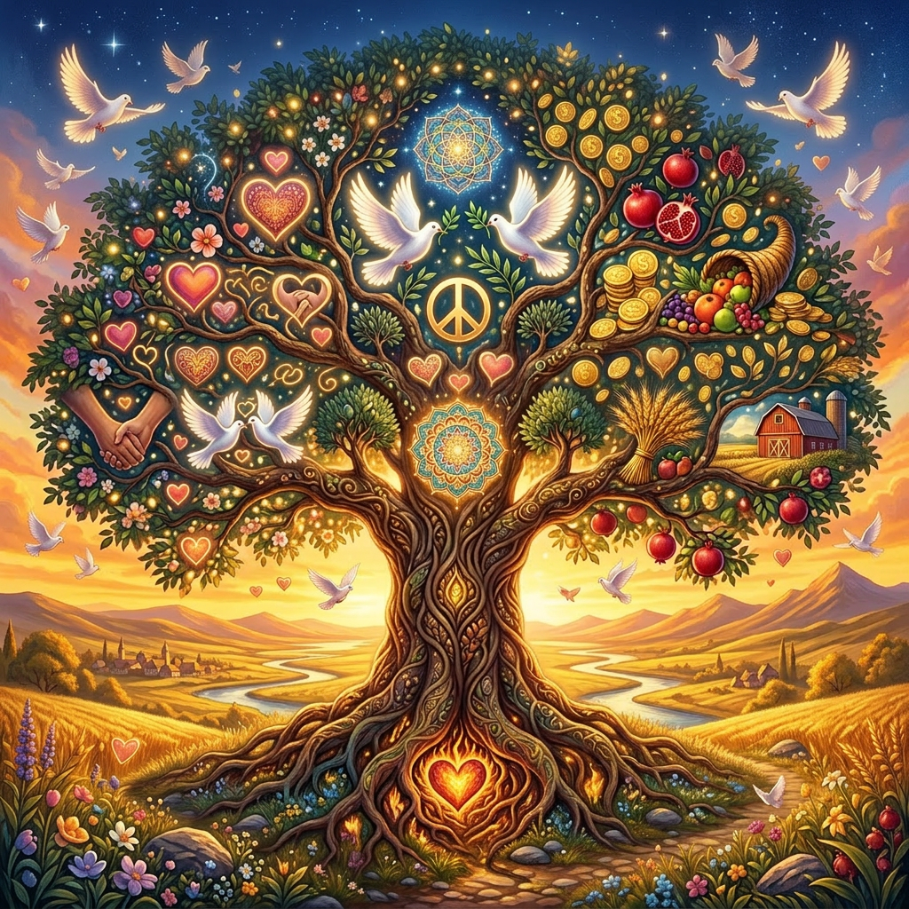 Tree with doves, hearts, peace sign, coins, fruits, and a barn in a golden landscape at sunset